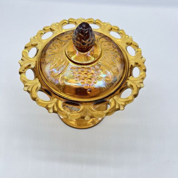 VTG 70s Indiana Amber Glass Carnival Autumn Harvest Grape Candy Jelly Dish w/Lid - Picture 3 of 11